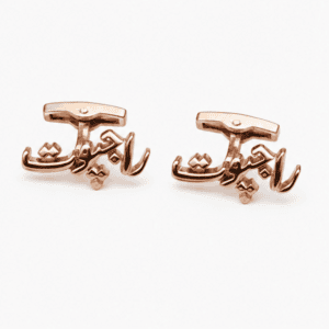 Front view of Rajput Urdu calligraphy rose gold cufflinks