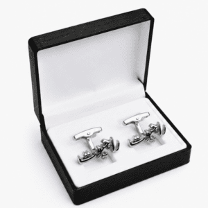 Close-up of premium silver Rajput name cufflink in Urdu script