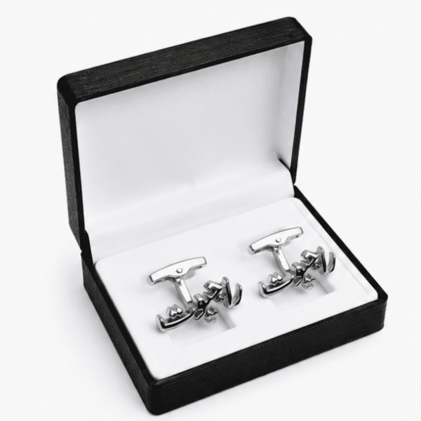 Close-up of premium silver Rajput name cufflink in Urdu script