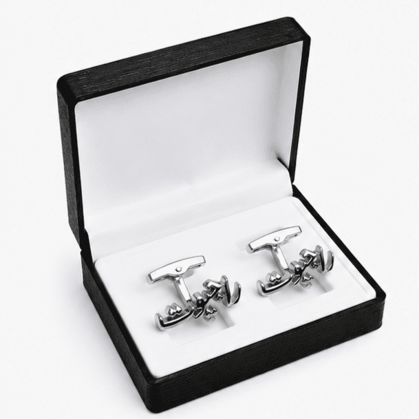 Close-up of premium silver Rajput name cufflink in Urdu script