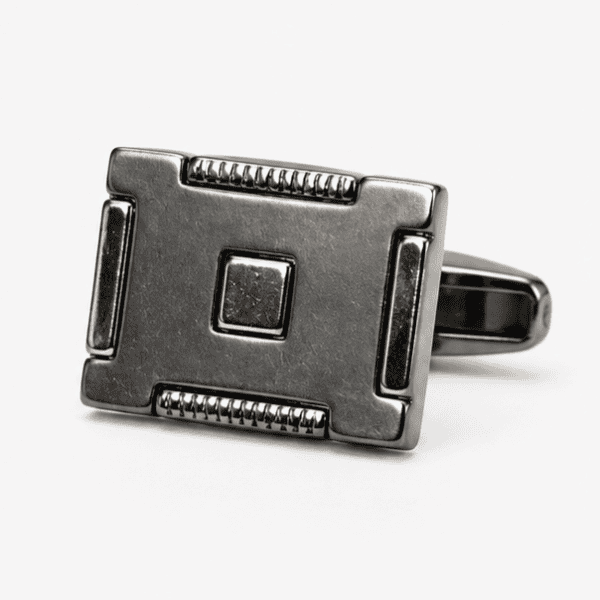 Close-up of Gunmetal Square Geometric Cufflinks with Raised Centre Detail