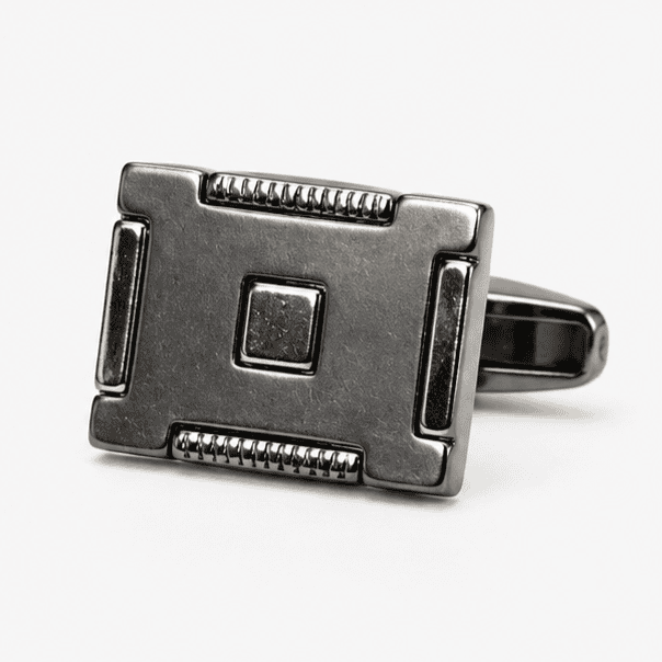 Close-up of Gunmetal Square Geometric Cufflinks with Raised Centre Detail